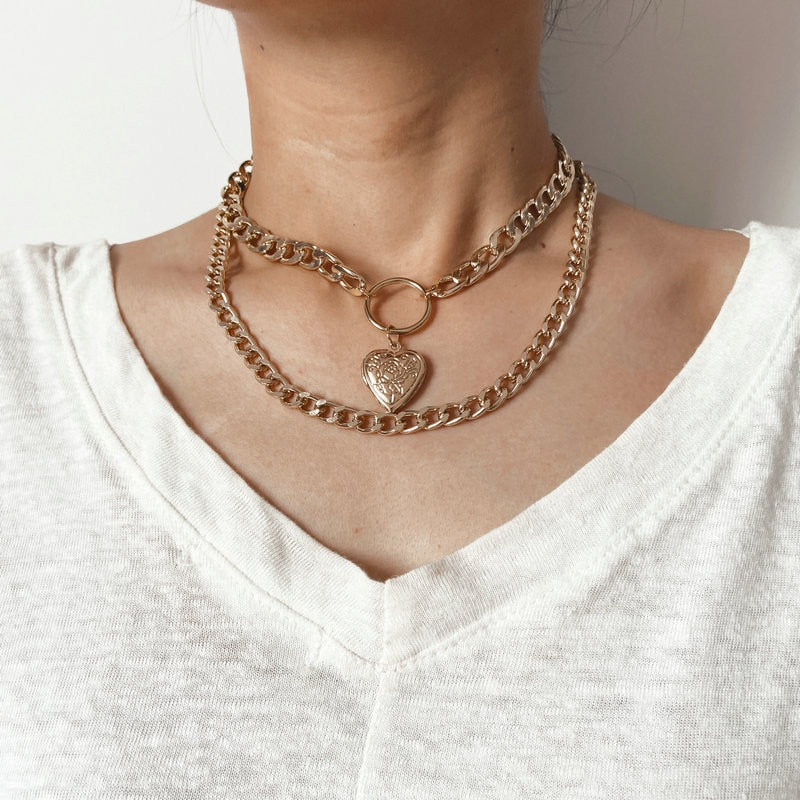 Vintage Carved Coin Thick Chain OT Buckle Necklace Bohemian Punk Metal Coin Collar Choker Necklace  Women Punk Jewelry