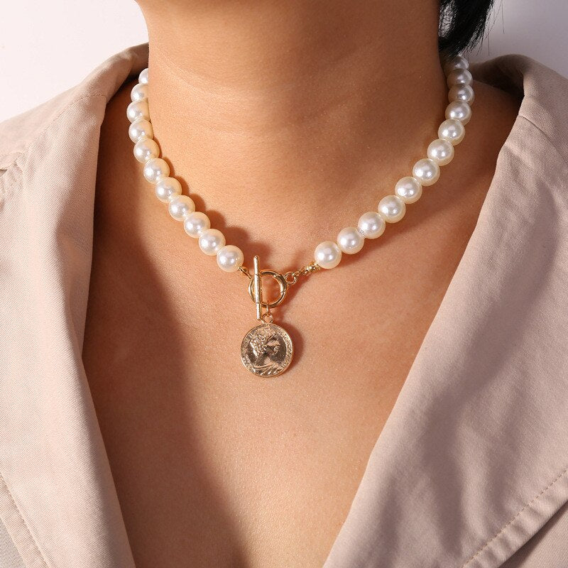 Vintage Carved Coin Thick Chain OT Buckle Necklace Bohemian Punk Metal Coin Collar Choker Necklace  Women Punk Jewelry