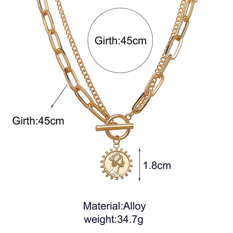 Vintage Carved Coin Thick Chain OT Buckle Necklace Bohemian Punk Metal Coin Collar Choker Necklace  Women Punk Jewelry