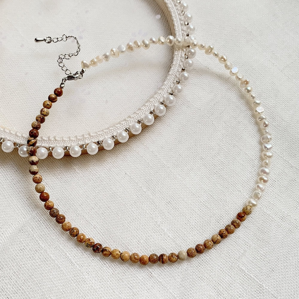 Vintage Natural Freshwater Pearl Necklace for Women Men Jaspers Agates Green Stone Baroque Pearl Choker Wedding Femme Collier