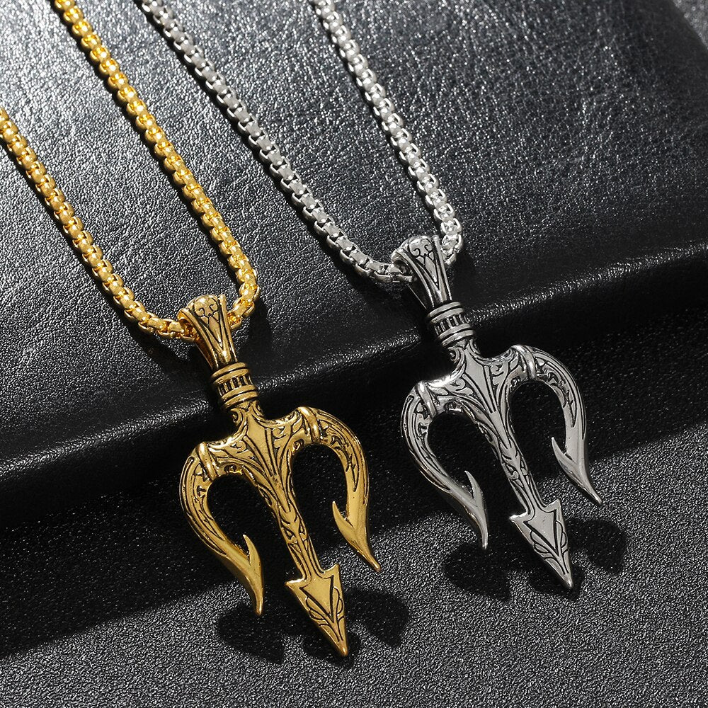 Vintage Neptune Poseidon Necklace  Jewelry Ancient Greece Amulet Trident Pendant Necklace Men Lucky Charm Gift for Sailor
