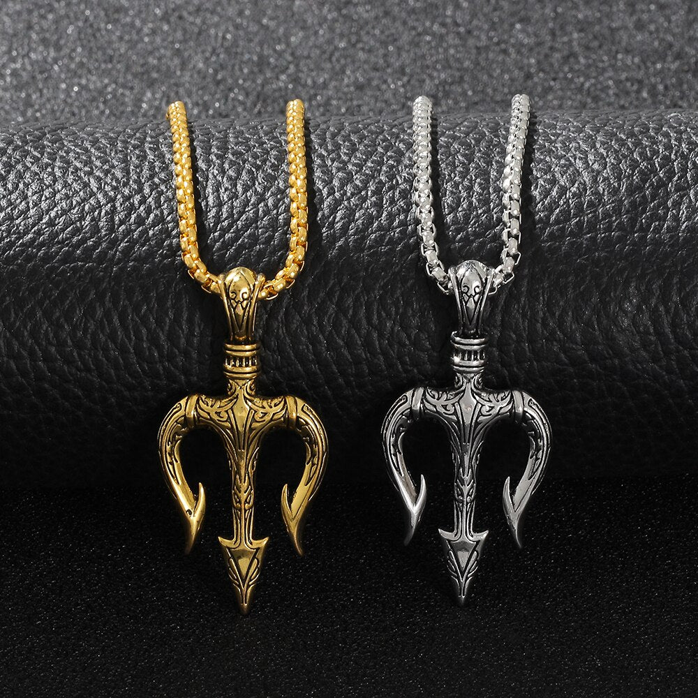 Vintage Neptune Poseidon Necklace  Jewelry Ancient Greece Amulet Trident Pendant Necklace Men Lucky Charm Gift for Sailor