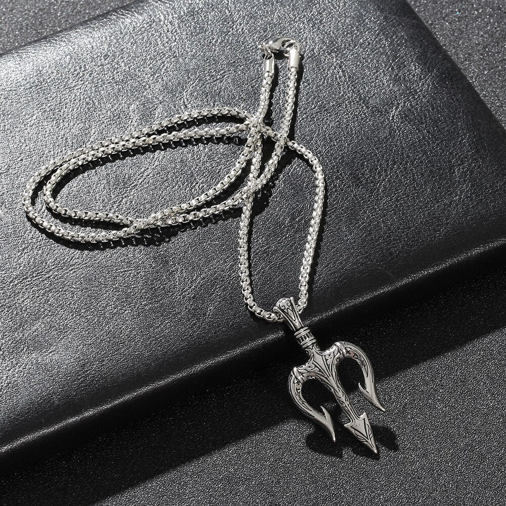 Vintage Neptune Poseidon Necklace  Jewelry Ancient Greece Amulet Trident Pendant Necklace Men Lucky Charm Gift for Sailor