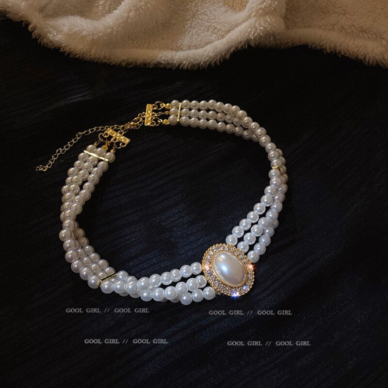 Vintage Palace Style Necklace Multi-layer Imitation Pearl Rhinestone Jewelry For Women's Party Wedding Gifts