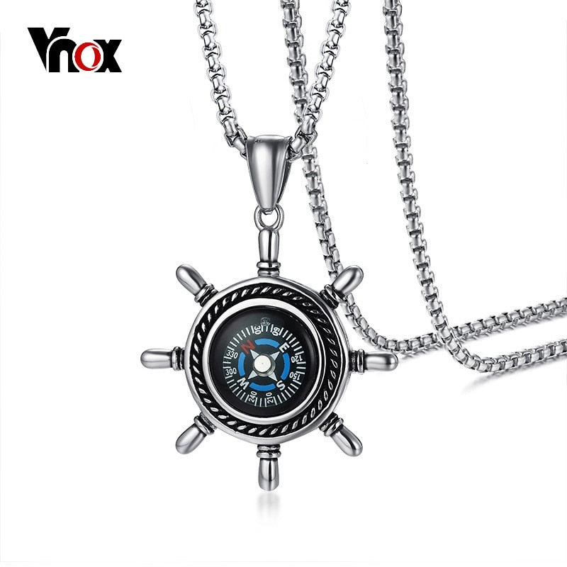 Vnox Functional Men Necklace Rudder Compass Pendant Stainless Steel Stylish Male Jewelry Sailor Navy Accessories Gift 24" Chain