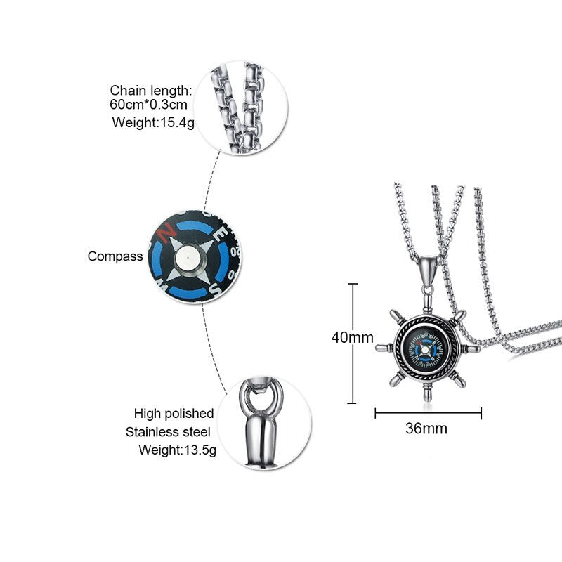 Vnox Functional Men Necklace Rudder Compass Pendant Stainless Steel Stylish Male Jewelry Sailor Navy Accessories Gift 24" Chain