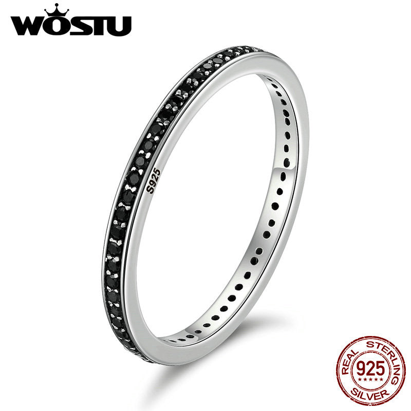 Authentic 925 Sterling Silver Finger Stackable Rings With Black CZ For Women Fashion Jewelry Fine Gift CQR114