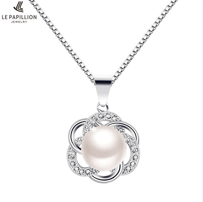 Women Necklace Plated Silver Zircon Flower Shaped Pendant Elegant Pearl Necklace Collares Jewelry Anniversary Gifts