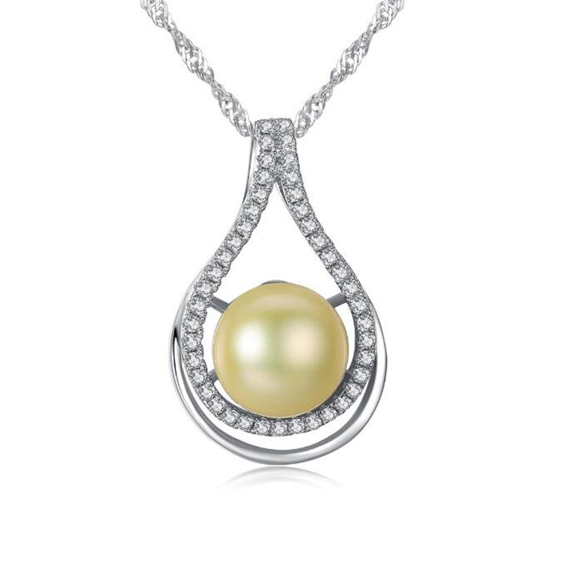Waterdrop Shape 925 Sterling Silver Chain Pendant Necklace with White Golden 10-11mm Pearls for Lovers Gifts