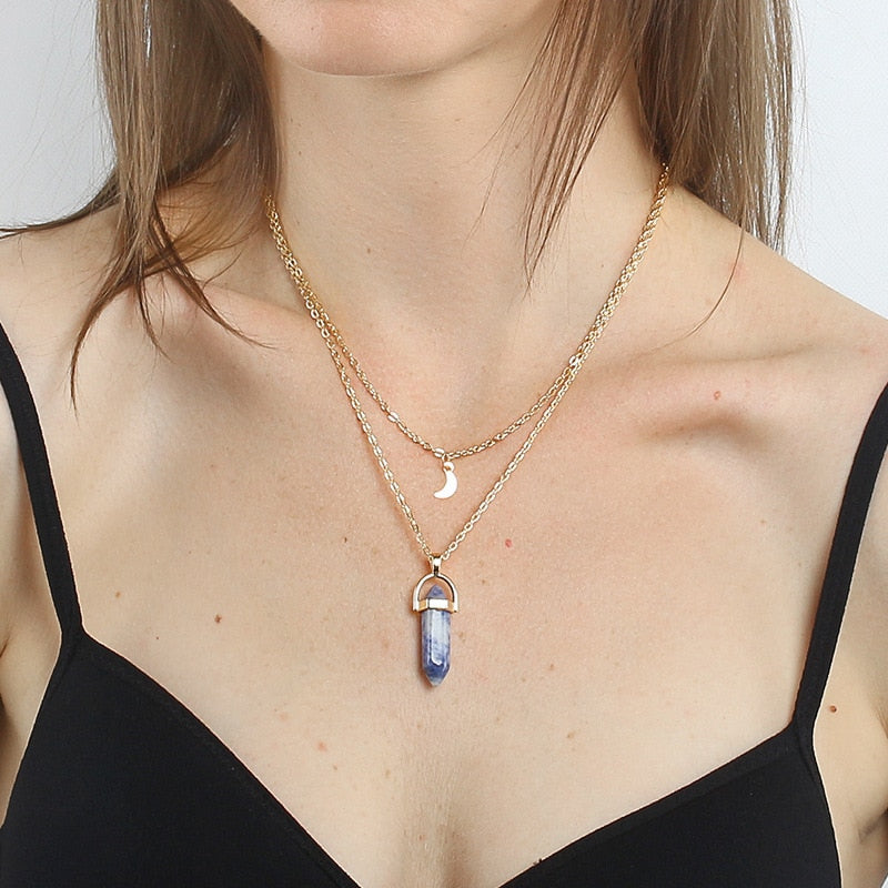 Bohemia 1 PCS Natural Stone Moon Choker Gold Color Crystal Pendant Necklace For Women Wedding Party Gift