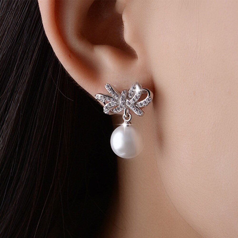 925 Stamp Silver Color Pearl Earrings Bowknot Cross Stud  Women Wedding Fine Jewelry Christmas Gift