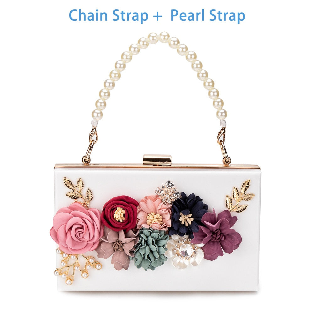 Women Acrylic Flower Clutches Crossbody Purse Evening Bags Chain Strap For Wedding Prom Banquet Ideal-gift Golden Frame