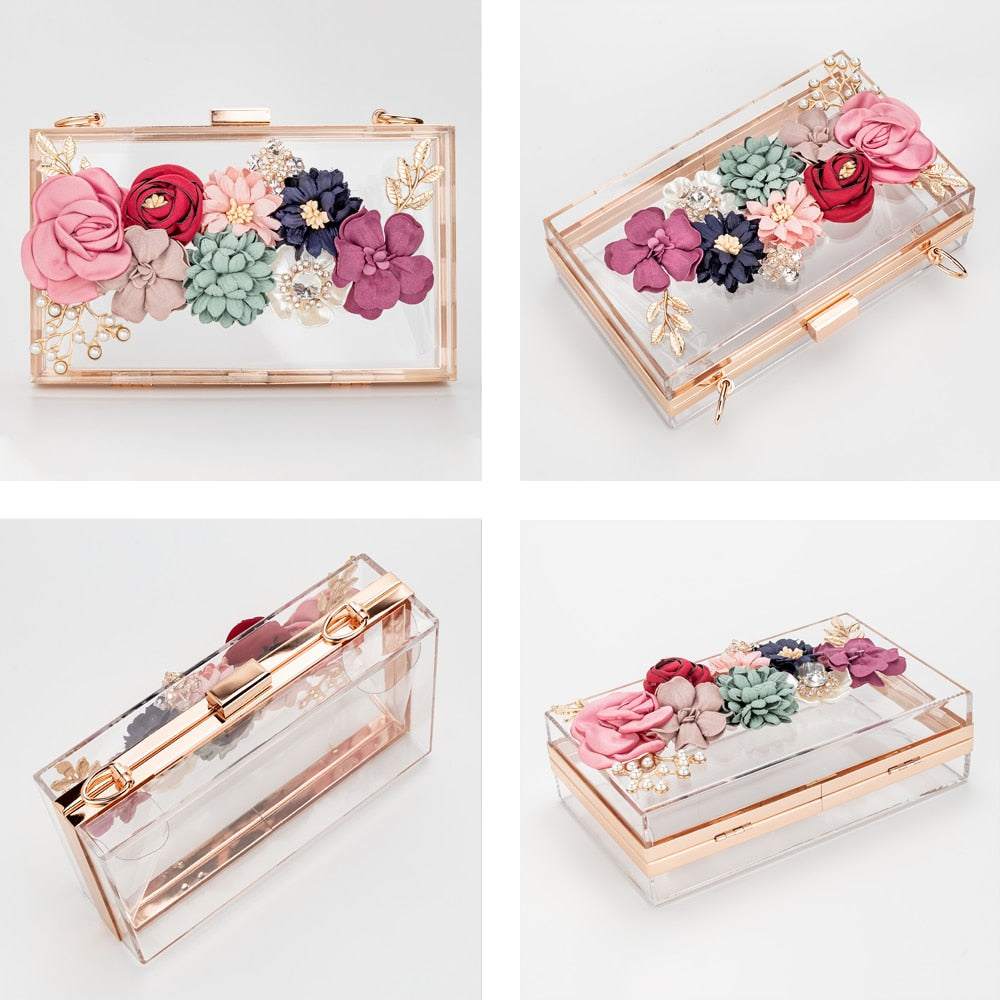 Women Acrylic Flower Clutches Crossbody Purse Evening Bags Chain Strap For Wedding Prom Banquet Ideal-gift Golden Frame