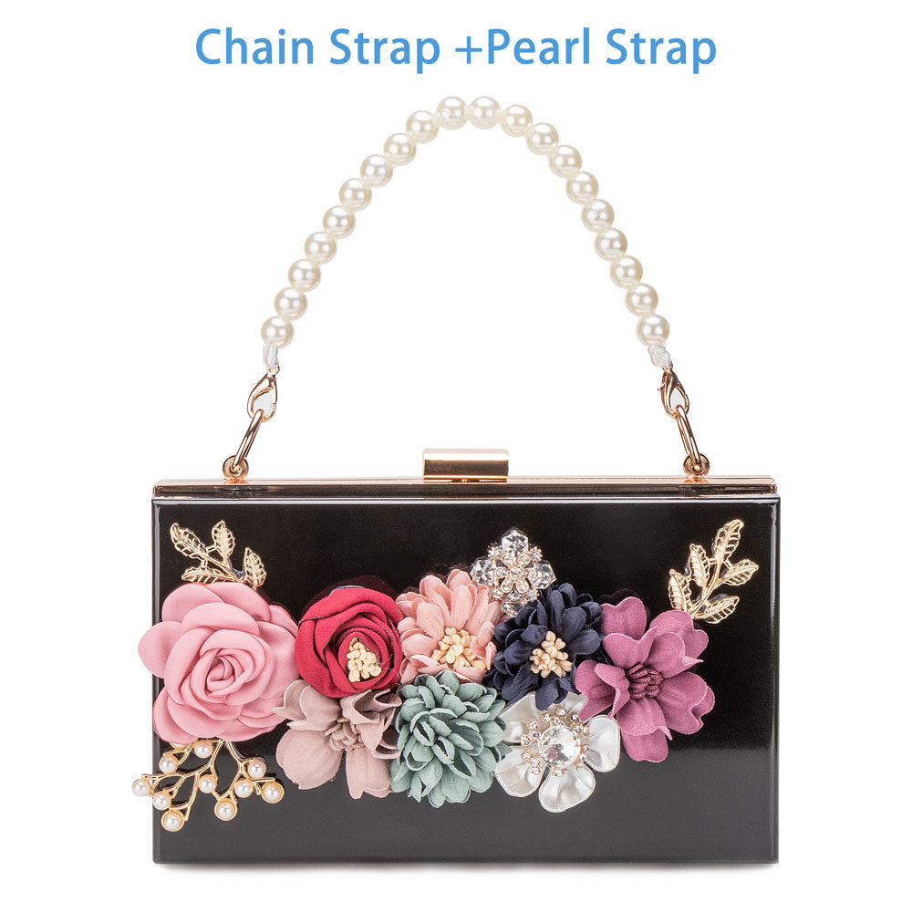 Women Acrylic Flower Clutches Crossbody Purse Evening Bags Chain Strap For Wedding Prom Banquet Ideal-gift Golden Frame