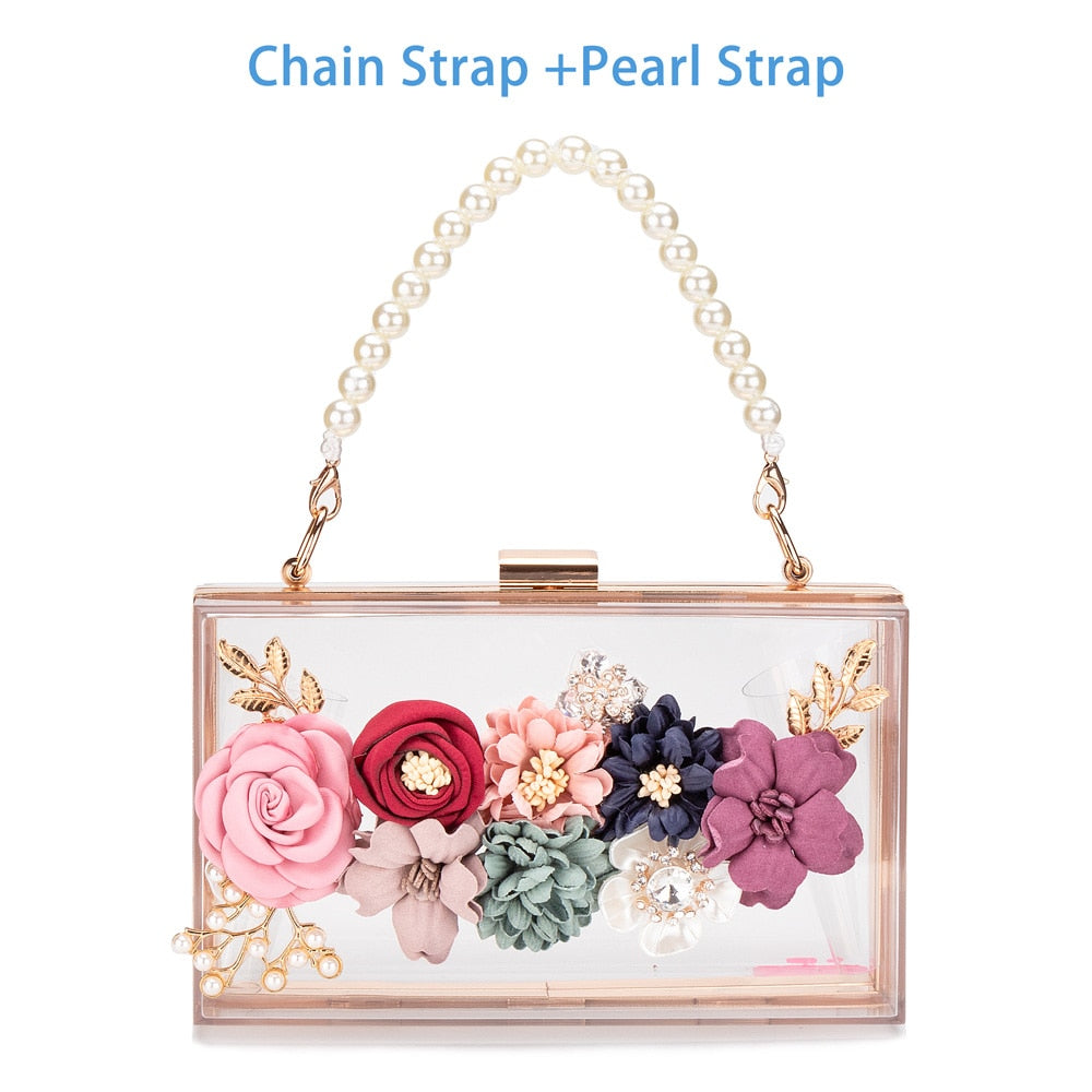 Women Acrylic Flower Clutches Crossbody Purse Evening Bags Chain Strap For Wedding Prom Banquet Ideal-gift Golden Frame