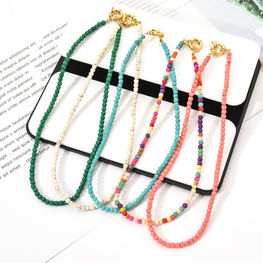 Women Colorful Natural Stone Seed Beads Chain Necklace Metal Buckle Choker Necklace for Wedding Party Jewelry