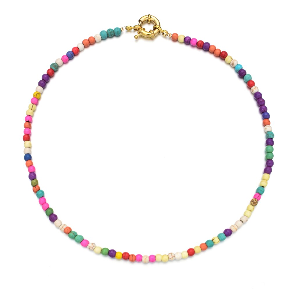 Women Colorful Natural Stone Seed Beads Chain Necklace Metal Buckle Choker Necklace for Wedding Party Jewelry