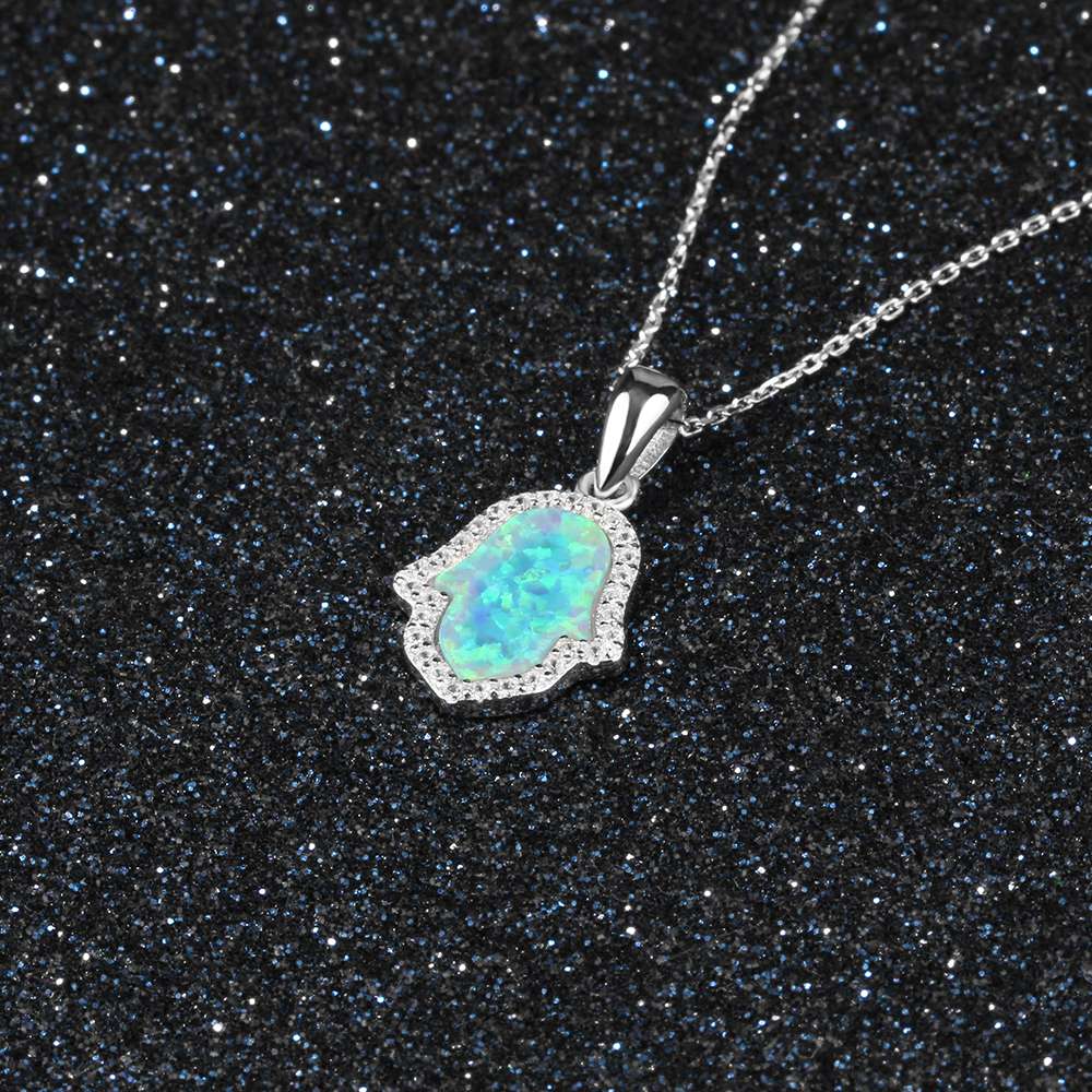 Women Opal 925 Silver Chain Blue Opal Necklace CZ Fine Jewelry Fatima Hamsa Hand Fatima Lucky Amulet Gifts For Women