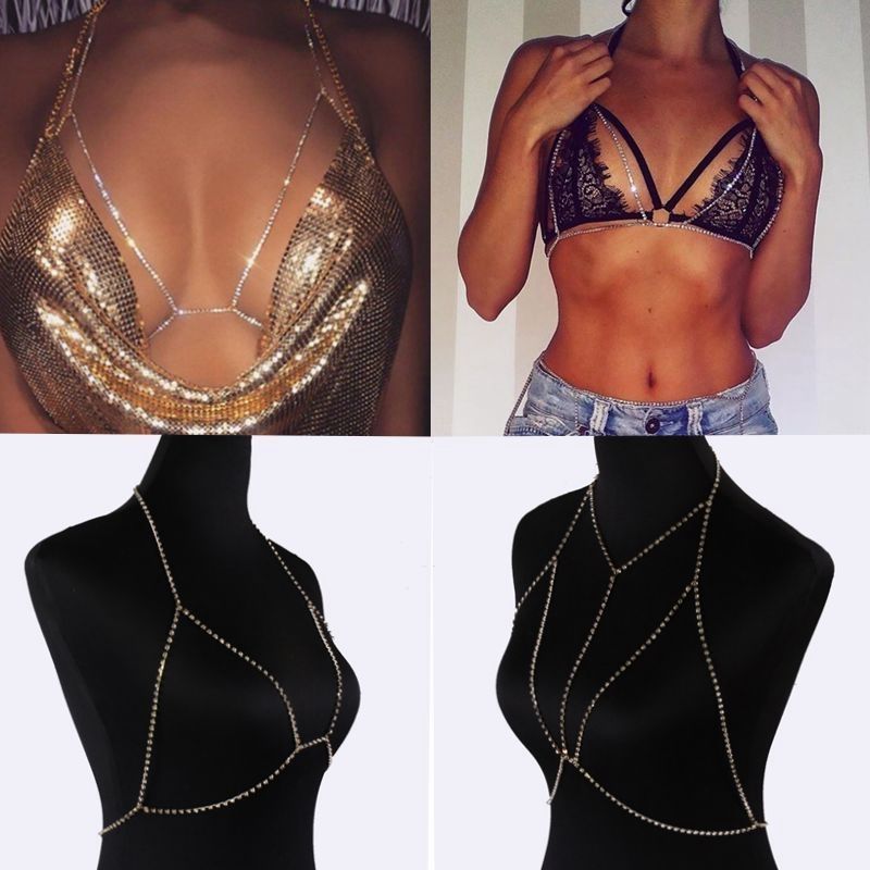 Women Sexy Shiny Rhinestone Full Body Chain Harness Layered