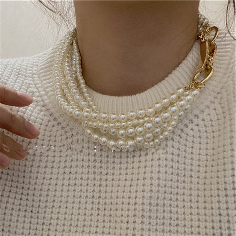 XIALUOKE Vintage Geometric Metal Buckles Multilayer Pearl Necklace For Women Hyperbole Choker Necklaces Wedding Party Jewelry