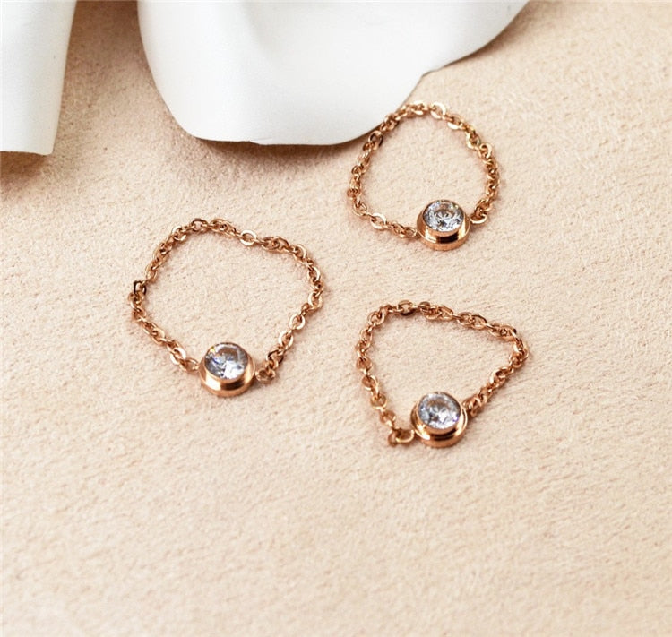 Brand Rose Gold Color Zircon Ring Chain Design for Woman Girl Gift Couple Jewelry 316 L Stainless Steel Ring Top Quality