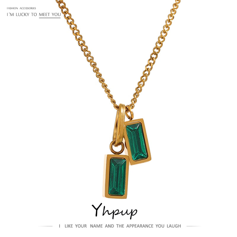 Yhpup Stainless Steel Green Cubic Zirconia Pendant Necklace for Women Titanium Steel Jewelry Statement Collar Necklace Gift