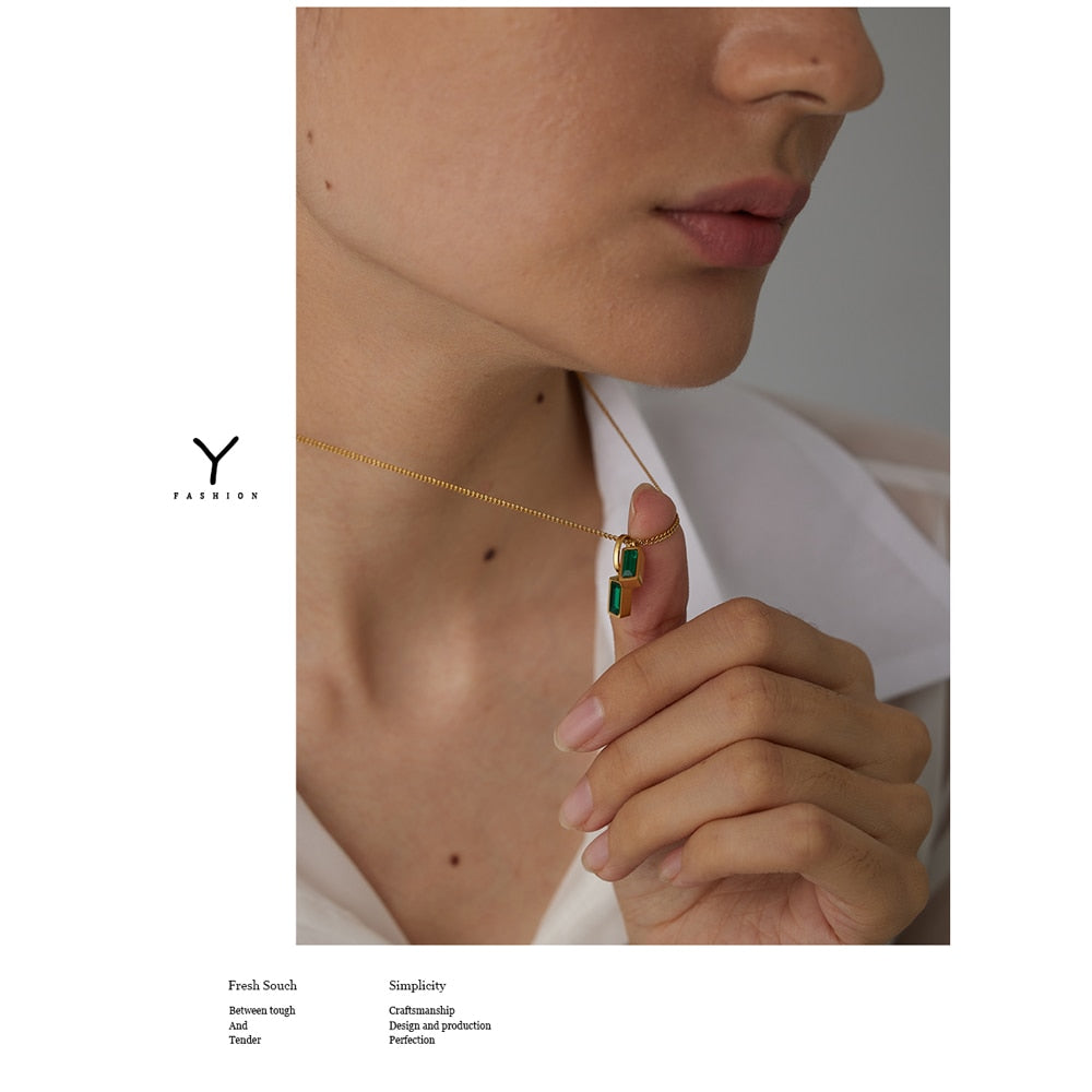 Yhpup Stainless Steel Green Cubic Zirconia Pendant Necklace for Women Titanium Steel Jewelry Statement Collar Necklace Gift