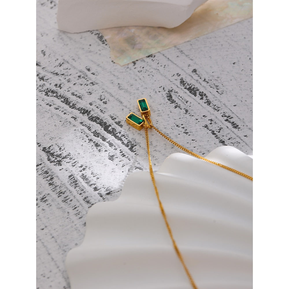 Yhpup Stainless Steel Green Cubic Zirconia Pendant Necklace for Women Titanium Steel Jewelry Statement Collar Necklace Gift