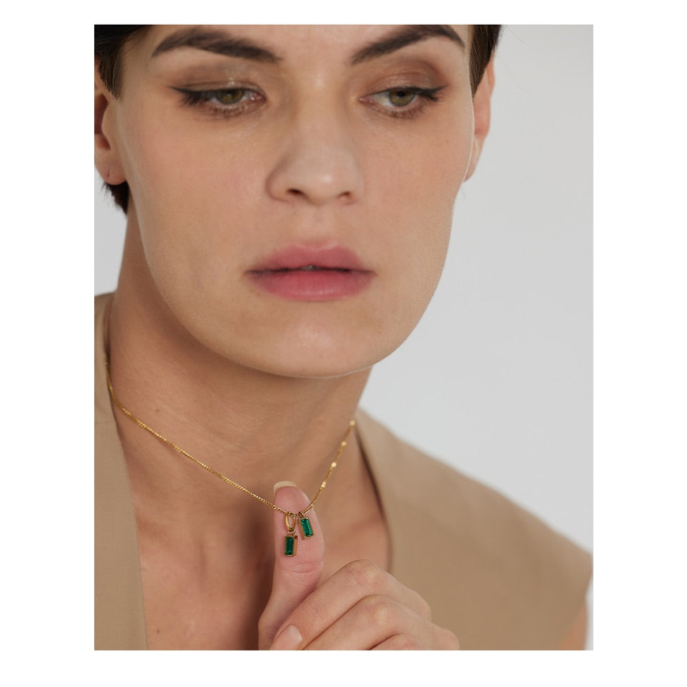 Yhpup Stainless Steel Green Cubic Zirconia Pendant Necklace for Women Titanium Steel Jewelry Statement Collar Necklace Gift