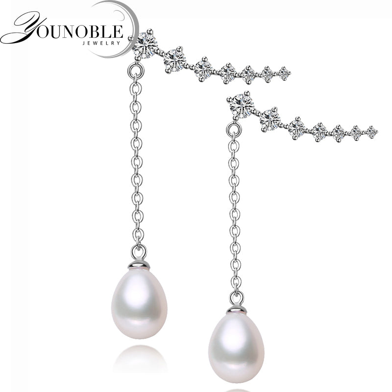 YouNoble real natural pearl clip-on earrings,fancy 925 sterling silver hanging earrings birthd for women white pink