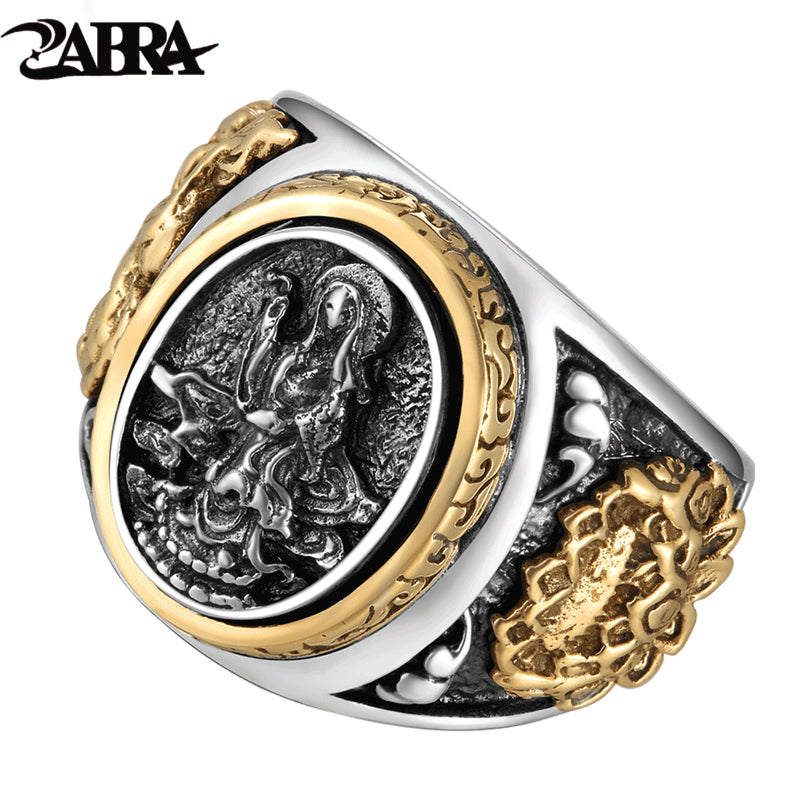 Vintage Buddhism Goddess 925 Silver Dragon Male Ring Gold Retro Black Male Silver Ring Sterling Biker Man Rings Jewelry