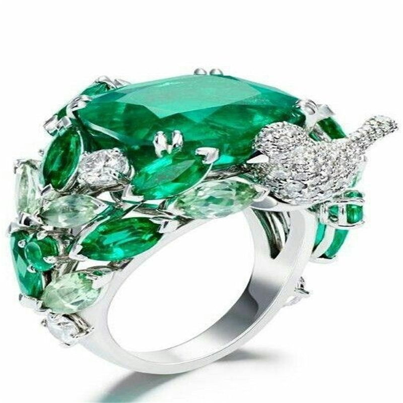 Elegant Green Stone Leaves Retro Bright Silver Bird Rings Bague for Women Girl Engagement Birthd Gift Jewelry Anillos