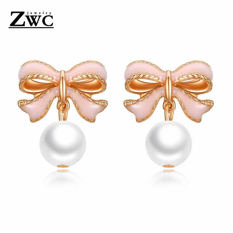 New Hot Fashion Cute Pink Bow Stud Earrings For Women Girls Party Upscale Imitation Pearl Earrings Jewelry Gifts Wholesale