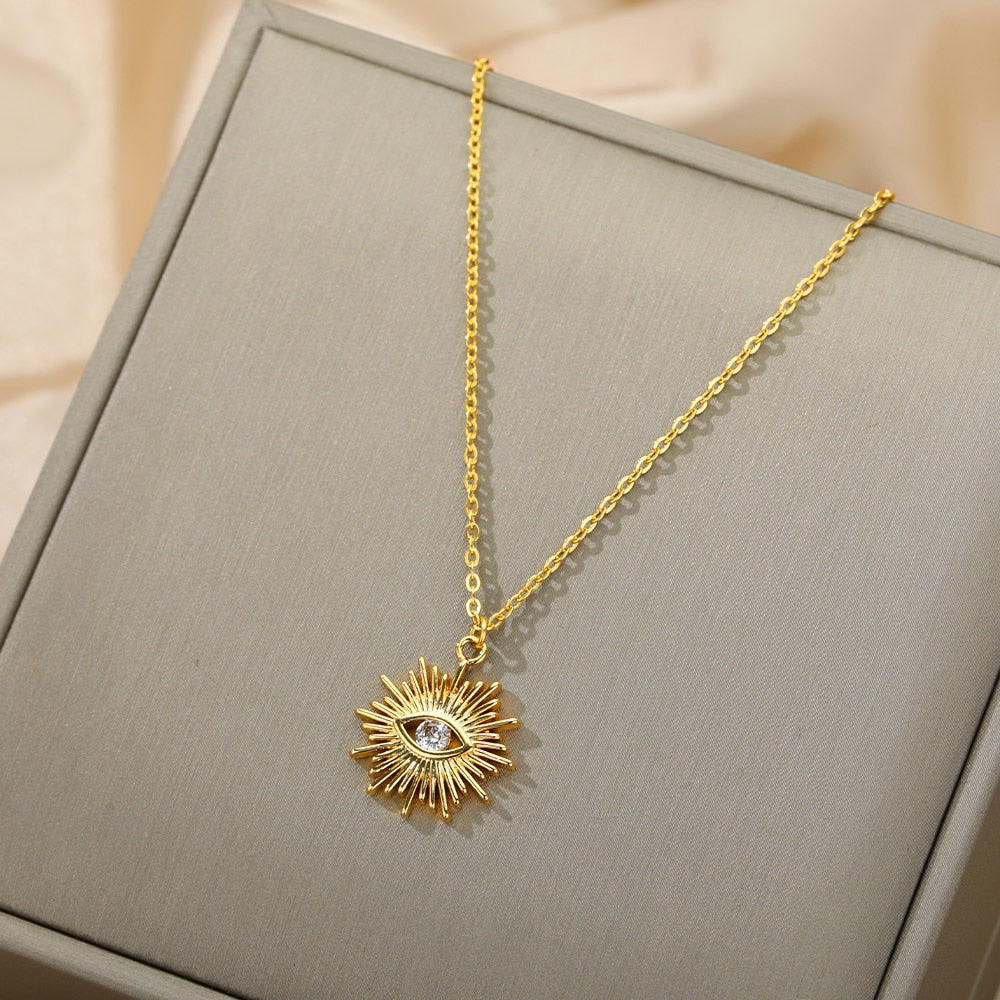 Zircon Evil Eye Necklaces For Women Zirconia Sun Pendant Gold Chain Choker Wedding Punk Jewelry Daily Accessories Birthday Gift