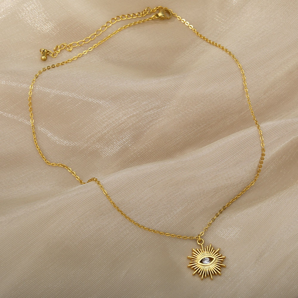 Zircon Evil Eye Necklaces For Women Zirconia Sun Pendant Gold Chain Choker Wedding Punk Jewelry Daily Accessories Birthday Gift