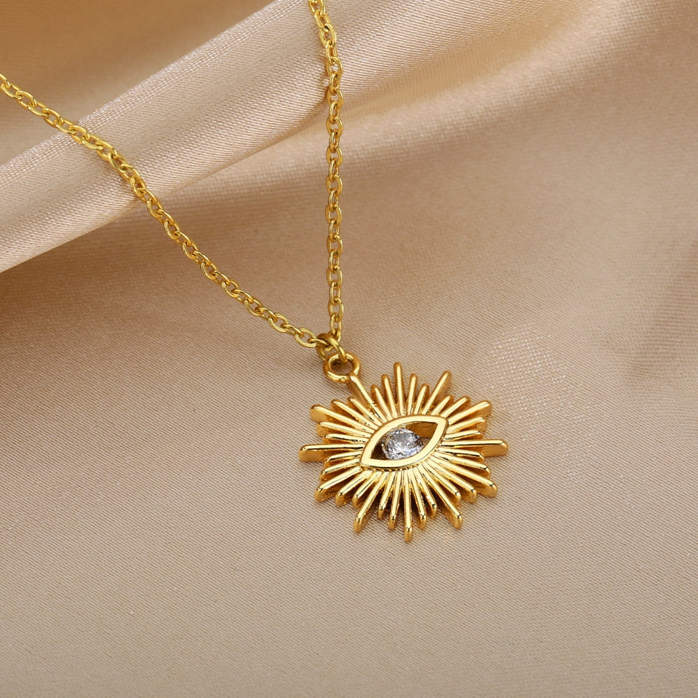 Zircon Evil Eye Necklaces For Women Zirconia Sun Pendant Gold Chain Choker Wedding Punk Jewelry Daily Accessories Birthday Gift