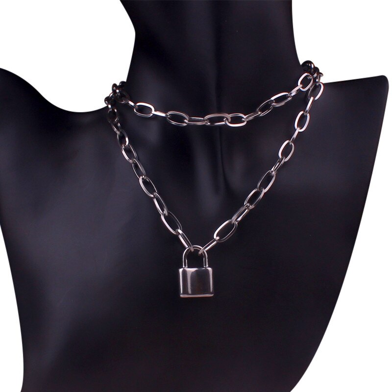 ( color do not fade ) layered chains hiphop Punk Stainless Steel Padlock Necklace men rock Lock Blade Necklaces for women di067