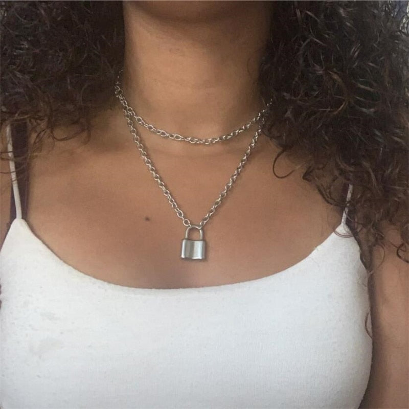 ( color do not fade ) layered chains hiphop Punk Stainless Steel Padlock Necklace men rock Lock Blade Necklaces for women di067