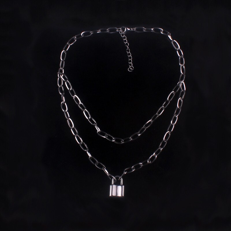 ( color do not fade ) layered chains hiphop Punk Stainless Steel Padlock Necklace men rock Lock Blade Necklaces for women di067