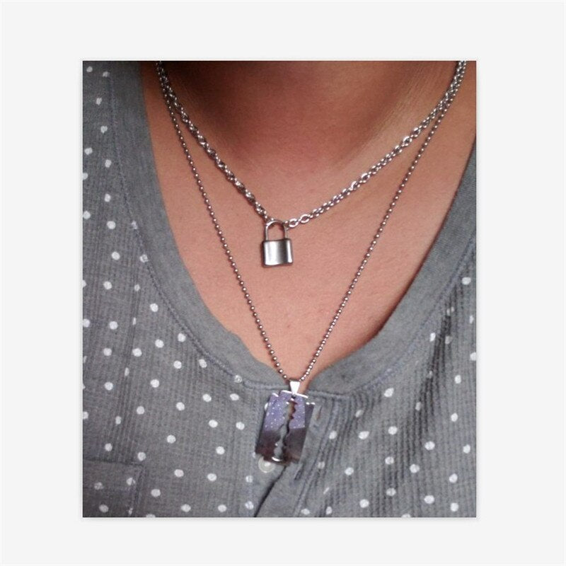 ( color do not fade ) layered chains hiphop Punk Stainless Steel Padlock Necklace men rock Lock Blade Necklaces for women di067