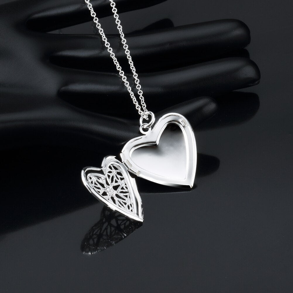 korean Pretty 925 Stamped Silver romantic Pattern heart photo frame Pendant Necklace For Women party wedding Jewelry