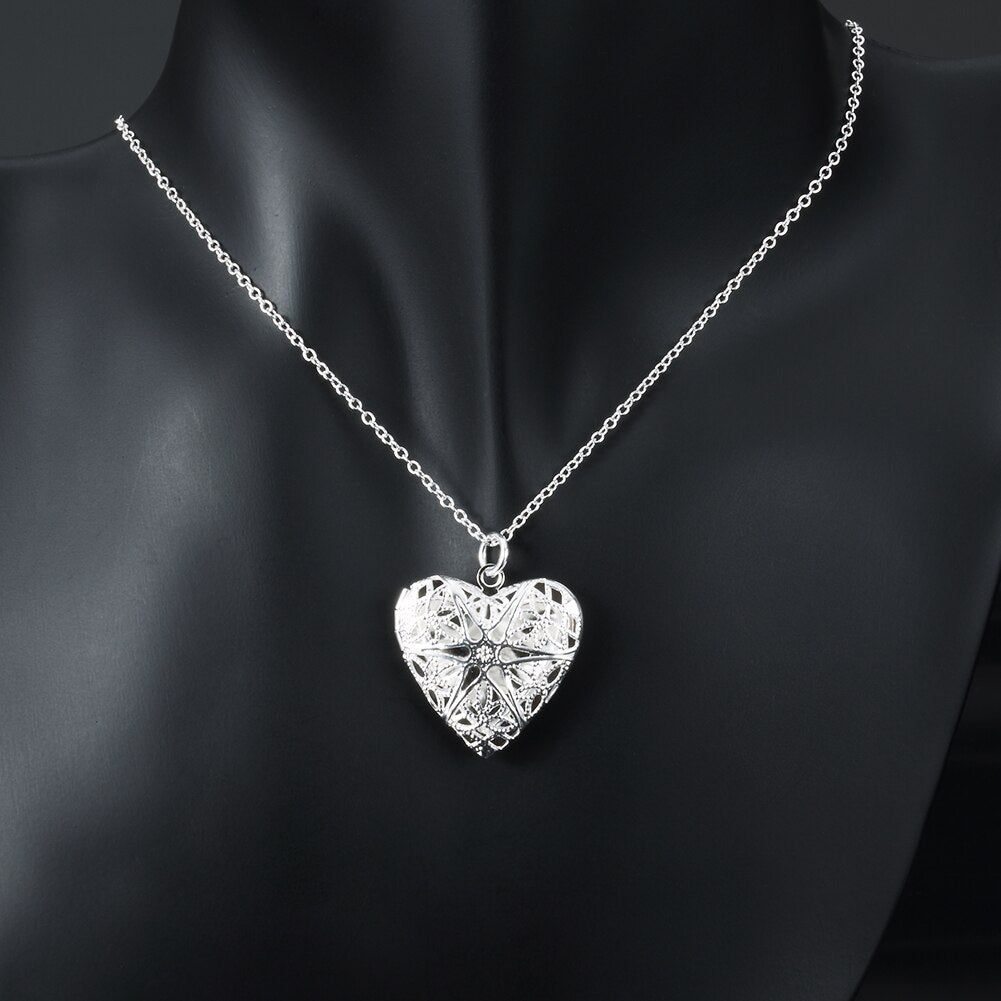 korean Pretty 925 Stamped Silver romantic Pattern heart photo frame Pendant Necklace For Women party wedding Jewelry