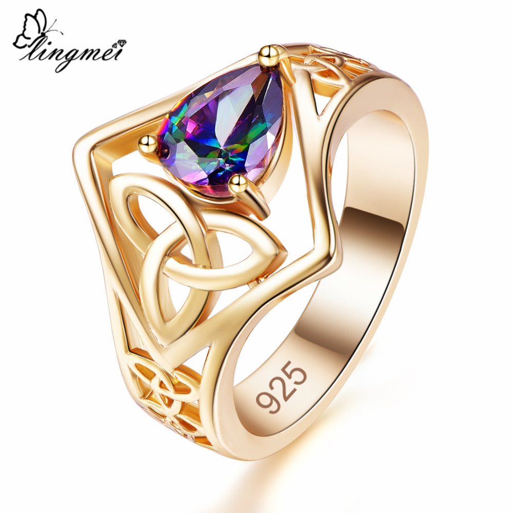 New Water Drop Mysterious & Green White CZ Gold Color Ring Size 6 7 8 9 Unique Exquisite Design Women Jewelry Wholesale