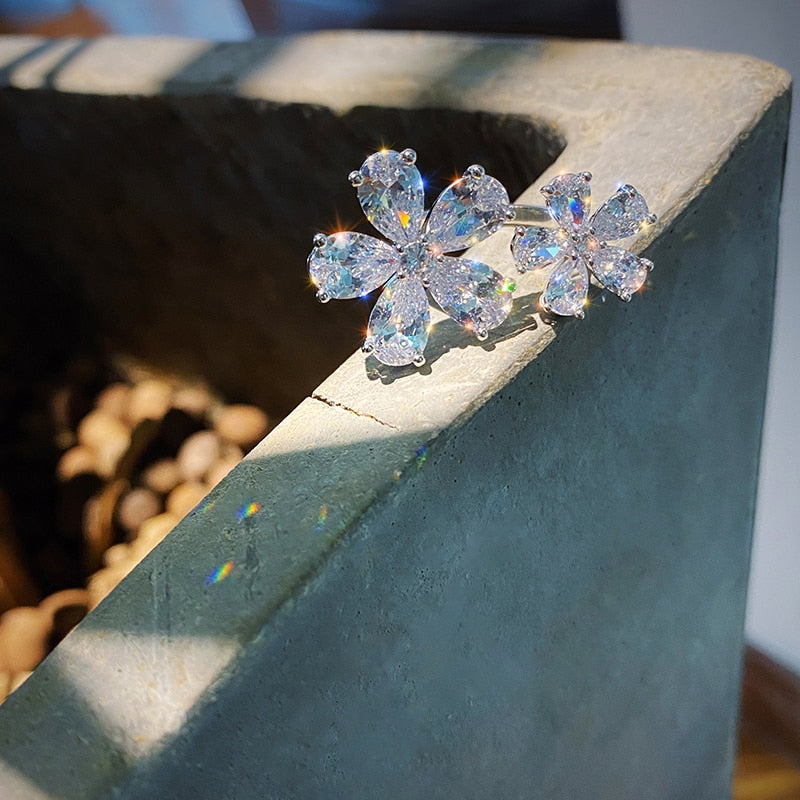 design jewelry exquisite copper inlaid zircon flower open ring bracelet clavicle necklace female prom jewelry set