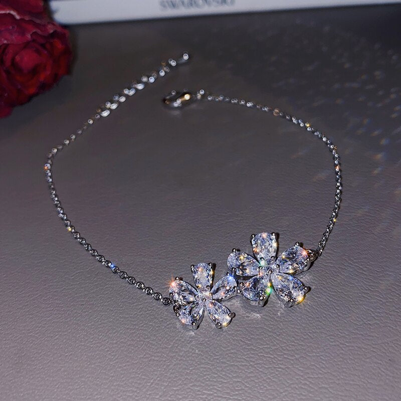 design jewelry exquisite copper inlaid zircon flower open ring bracelet clavicle necklace female prom jewelry set