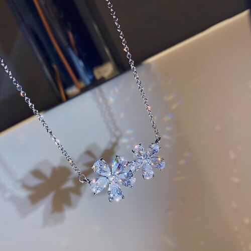 design jewelry exquisite copper inlaid zircon flower open ring bracelet clavicle necklace female prom jewelry set