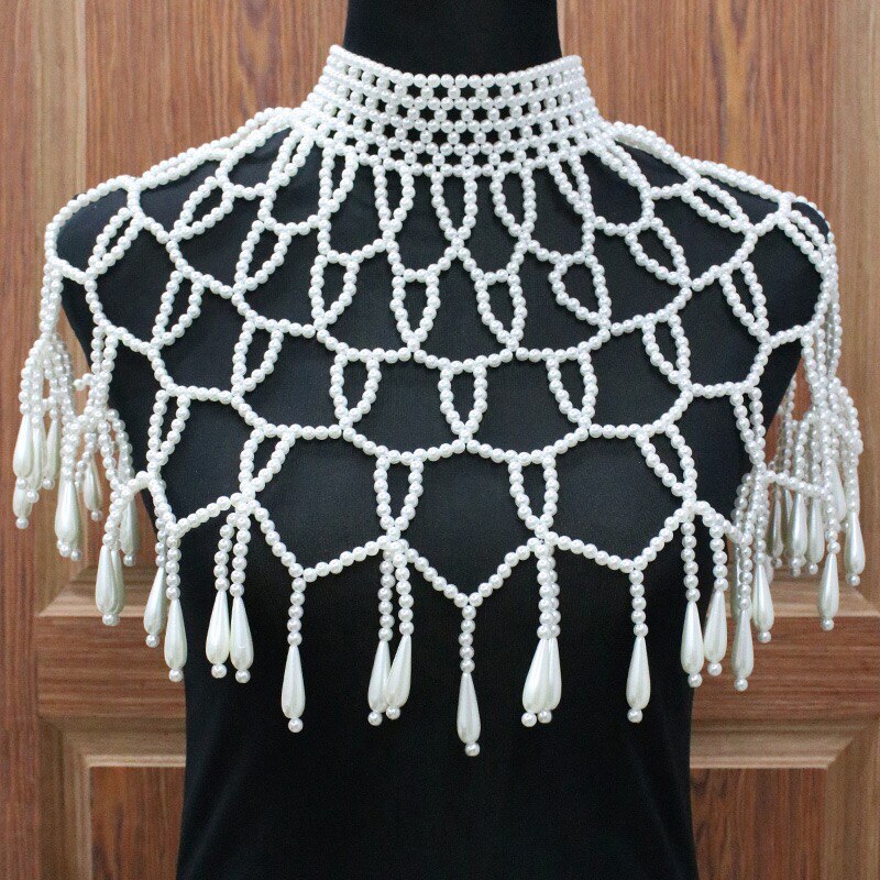woven Pearl necklace wedding banquet handcrafted multilayer pearl shoulder chain Jewelry shawl performance women's body chain