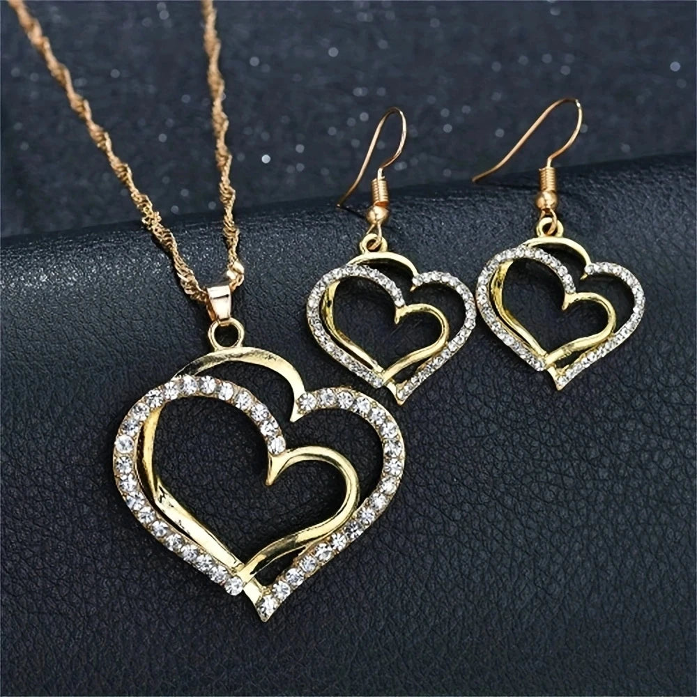 1 set Vintage Shiny  Jewelry Set Wedding Dinner Wedding Dress Accessories Double Love Peach Heart Shape Earrings Necklace