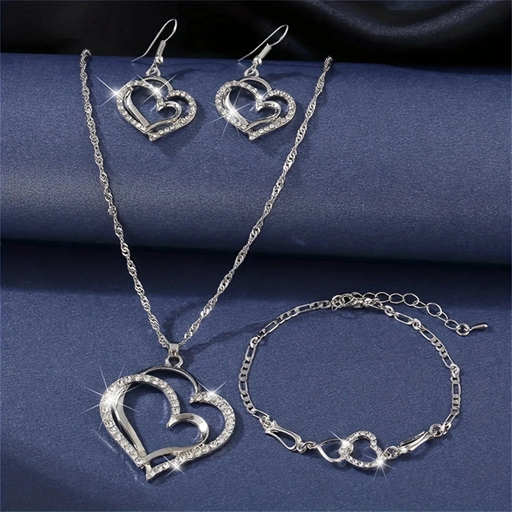 1 set Vintage Shiny  Jewelry Set Wedding Dinner Wedding Dress Accessories Double Love Peach Heart Shape Earrings Necklace