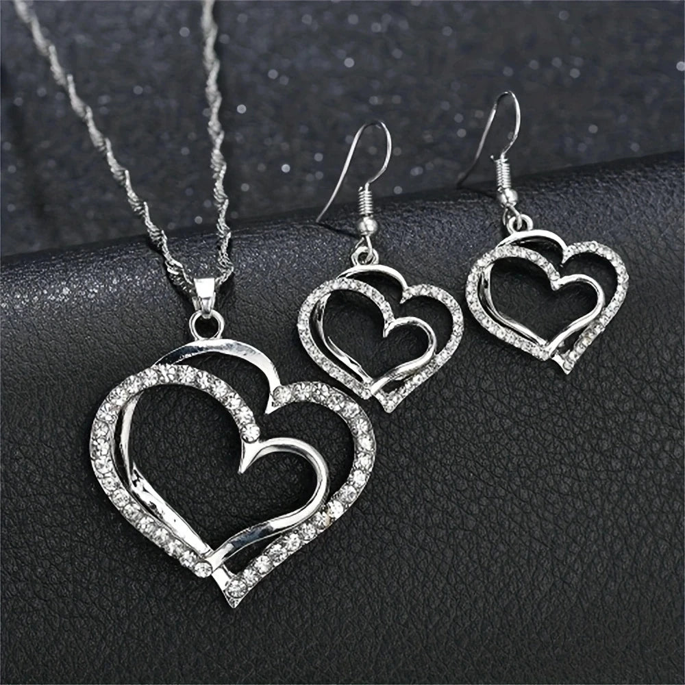 1 set Vintage Shiny  Jewelry Set Wedding Dinner Wedding Dress Accessories Double Love Peach Heart Shape Earrings Necklace